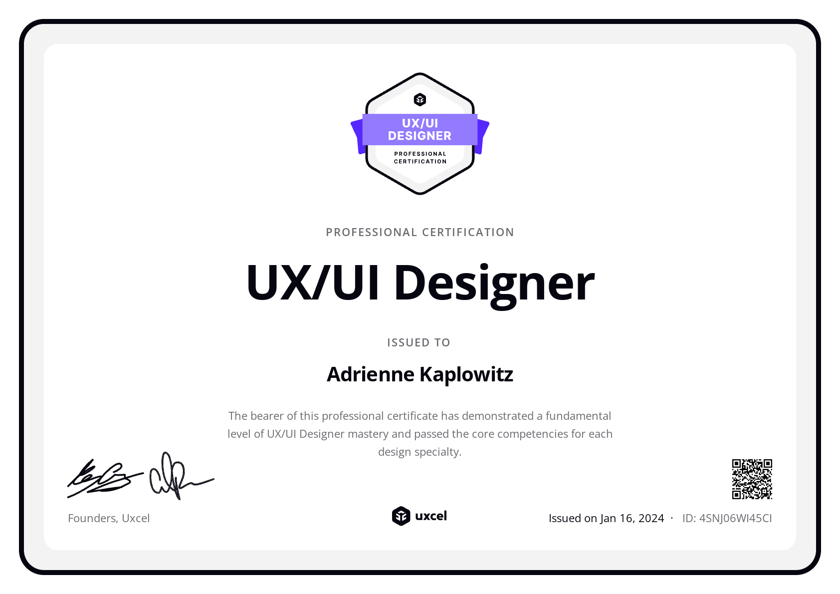 Adrienne Kaplowitz's certificate